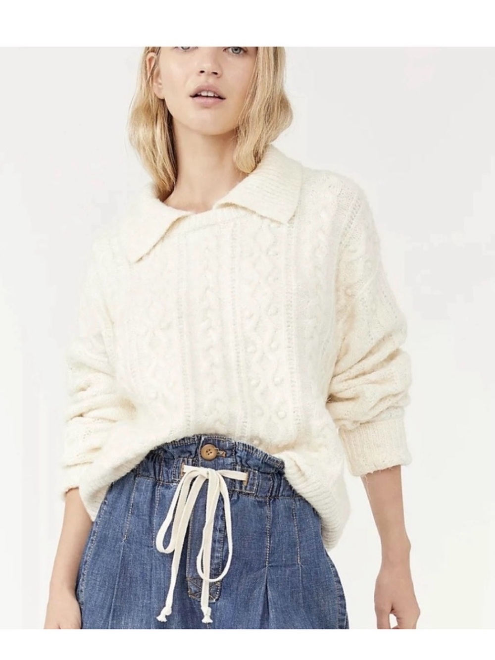 Free People Cozy Cream Cable-Knit Sweater with Fold-Over Collar